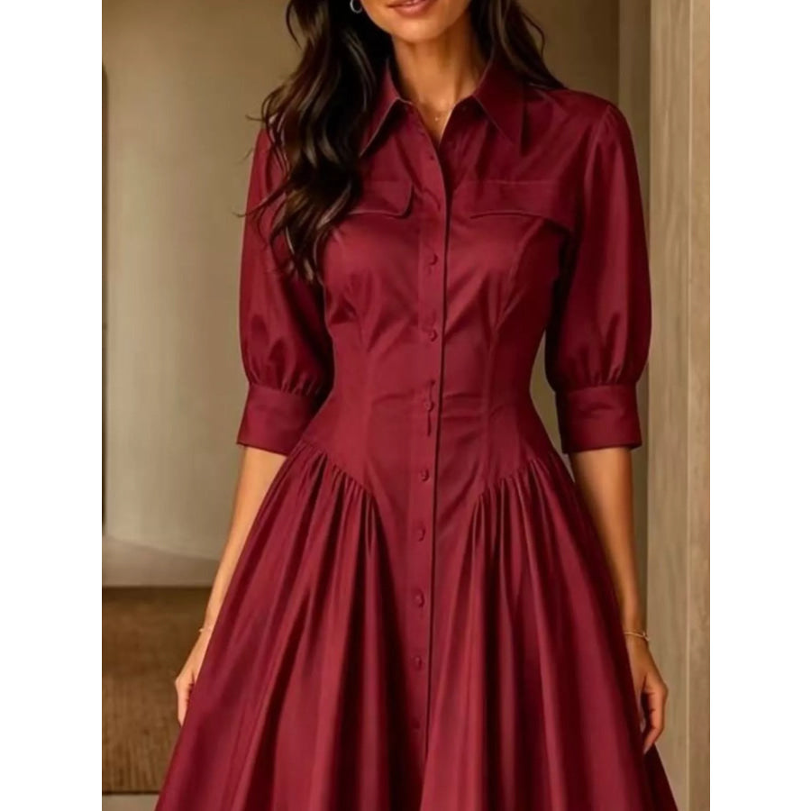 Full Size Elegant Button-Down Shirt Dress with Cinched Waist Plus Apparel and Accessories