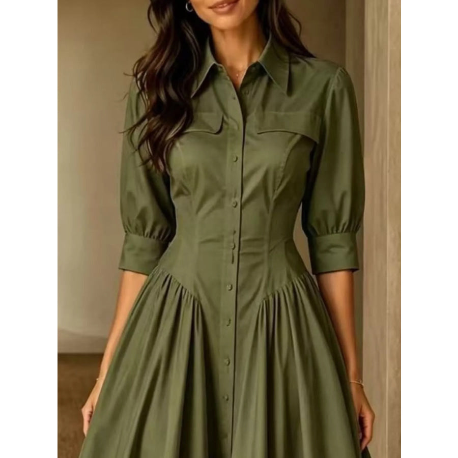 Full Size Elegant Button-Down Shirt Dress with Cinched Waist Plus Apparel and Accessories