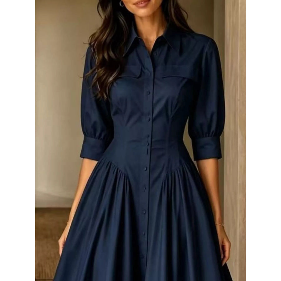 Full Size Elegant Button-Down Shirt Dress with Cinched Waist Plus Apparel and Accessories