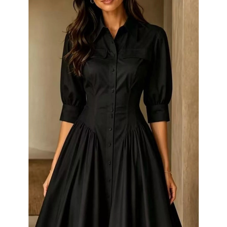 Full Size Elegant Button-Down Shirt Dress with Cinched Waist Plus Apparel and Accessories