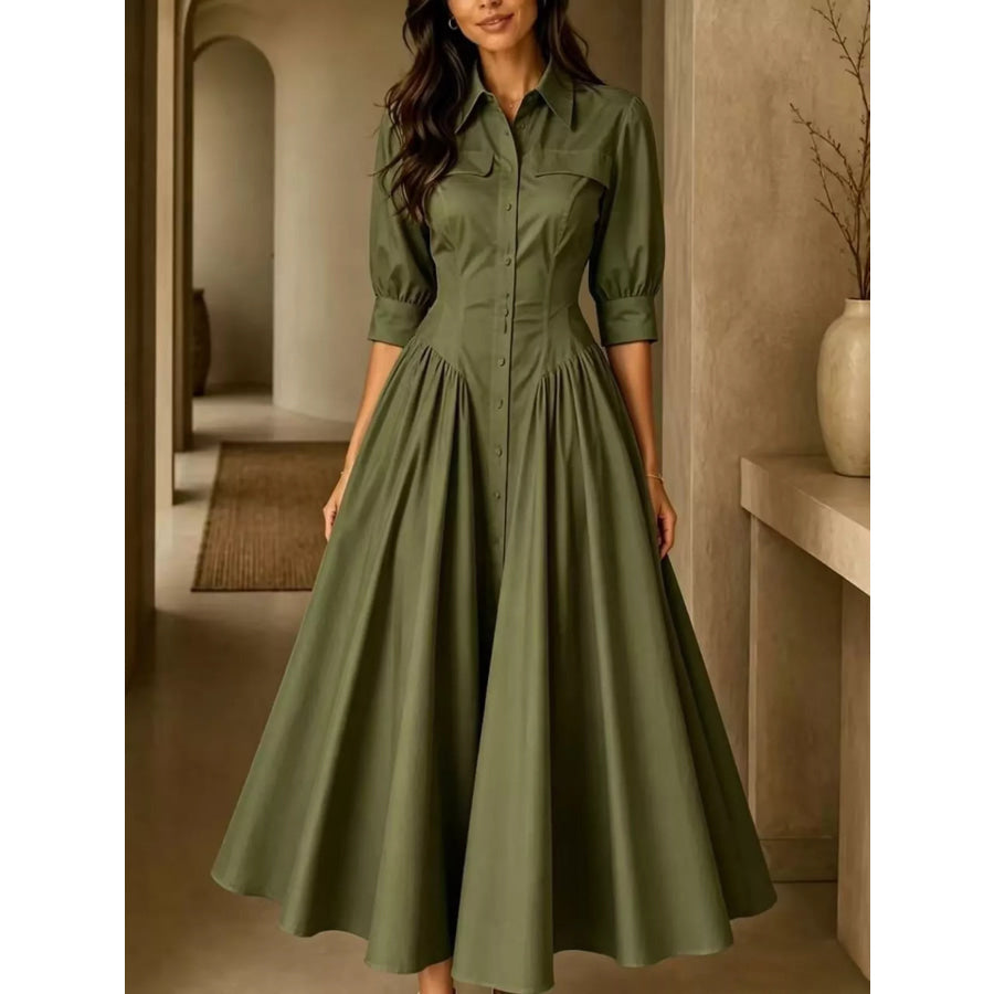 Full Size Elegant Button-Down Shirt Dress with Cinched Waist Plus Army Green / S Apparel and Accessories