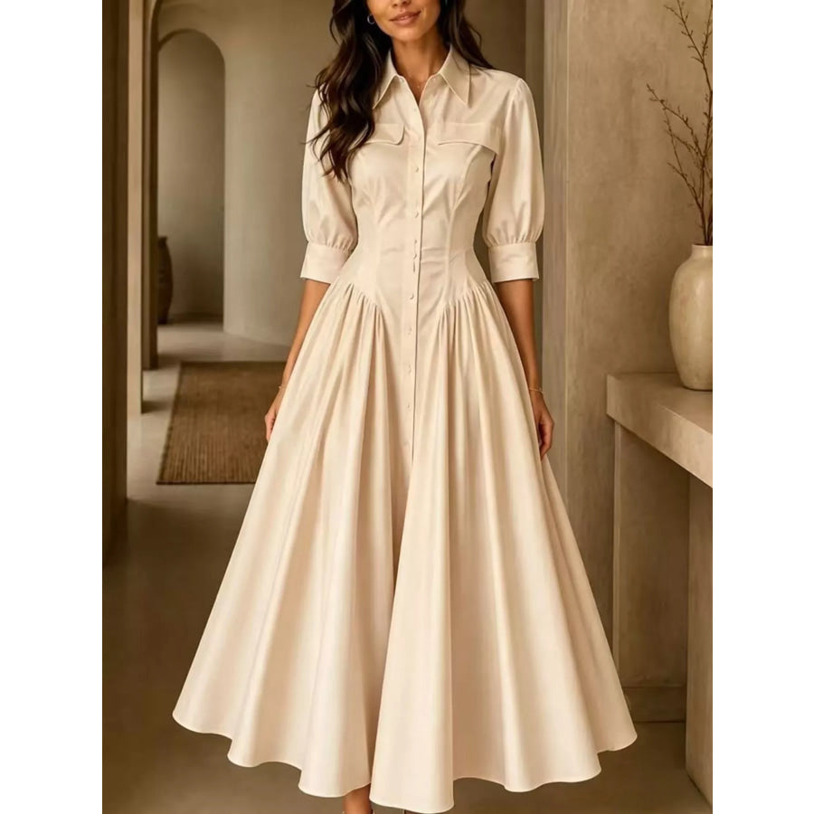 Full Size Elegant Button-Down Shirt Dress with Cinched Waist Plus Beige / S Apparel and Accessories