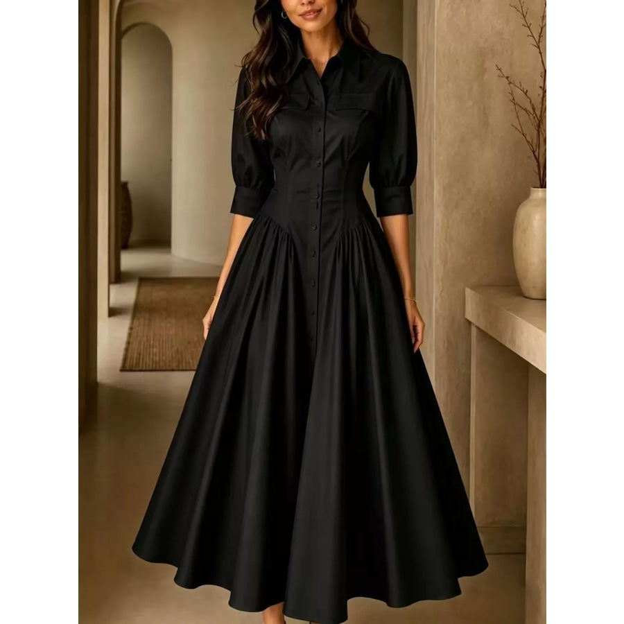 Full Size Elegant Button-Down Shirt Dress with Cinched Waist Plus Black / S Apparel and Accessories