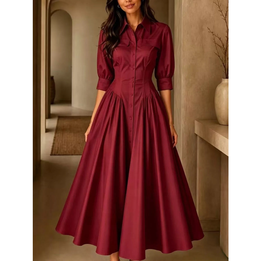 Full Size Elegant Button-Down Shirt Dress with Cinched Waist Plus Burgundy / S Apparel and Accessories