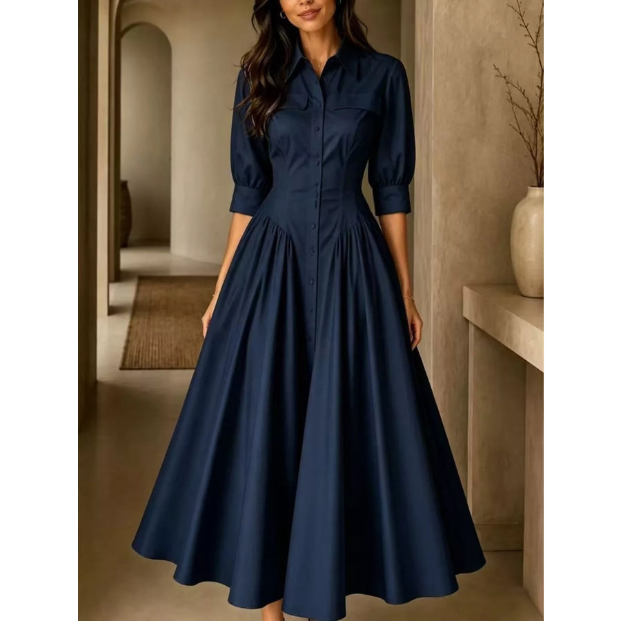 Full Size Elegant Button-Down Shirt Dress with Cinched Waist Plus Dark Navy / S Apparel and Accessories