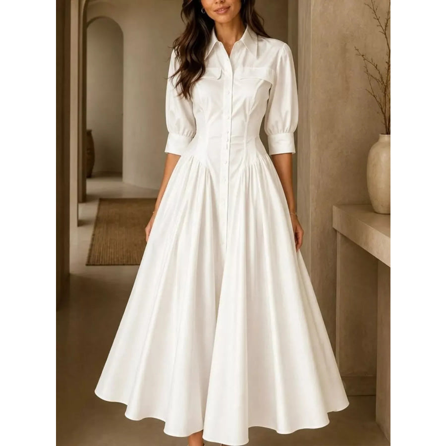 Full Size Elegant Button-Down Shirt Dress with Cinched Waist Plus White / S Apparel and Accessories