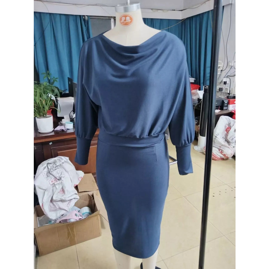 Full Size Elegant Cowl Neck Slim-Fit Knit Dress Plus Apparel and Accessories