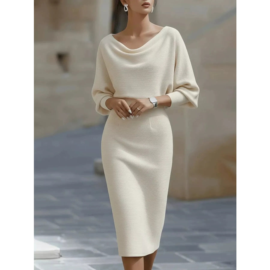 Full Size Elegant Cowl Neck Slim-Fit Knit Dress Plus Beige / S Apparel and Accessories