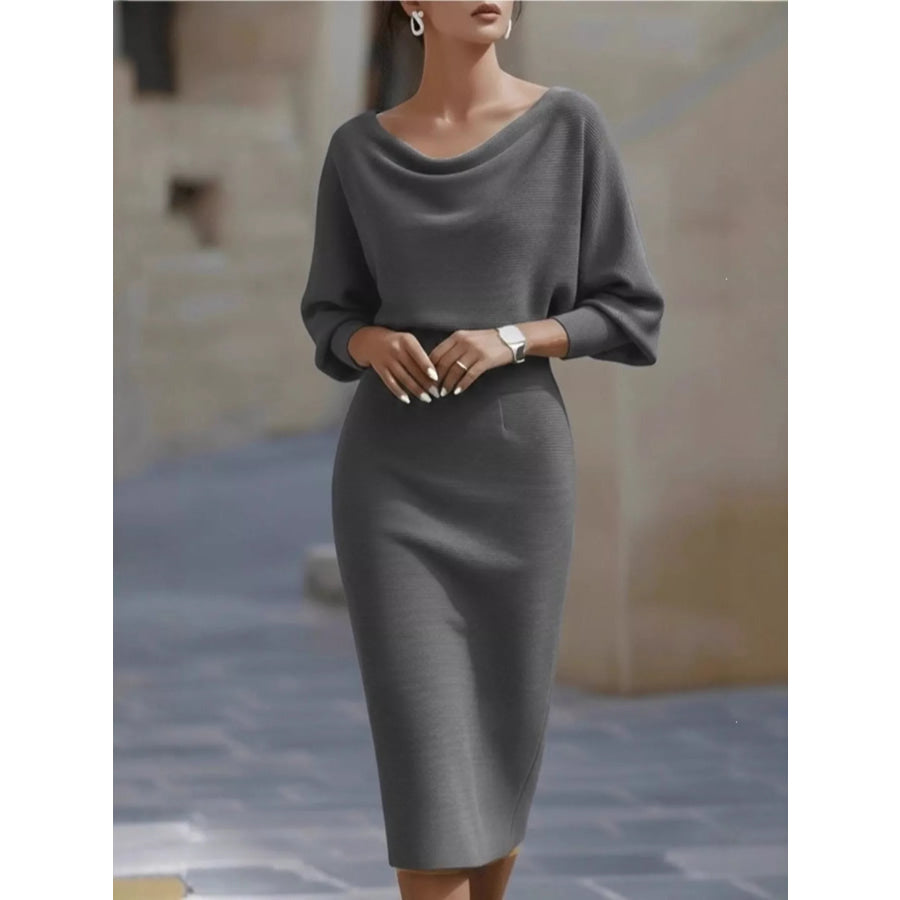Full Size Elegant Cowl Neck Slim-Fit Knit Dress Plus Gray / S Apparel and Accessories