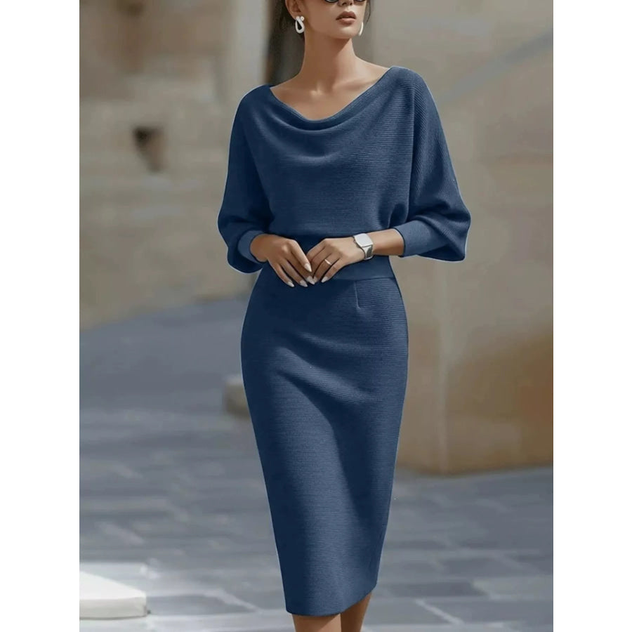 Full Size Elegant Cowl Neck Slim-Fit Knit Dress Plus Navy / S Apparel and Accessories