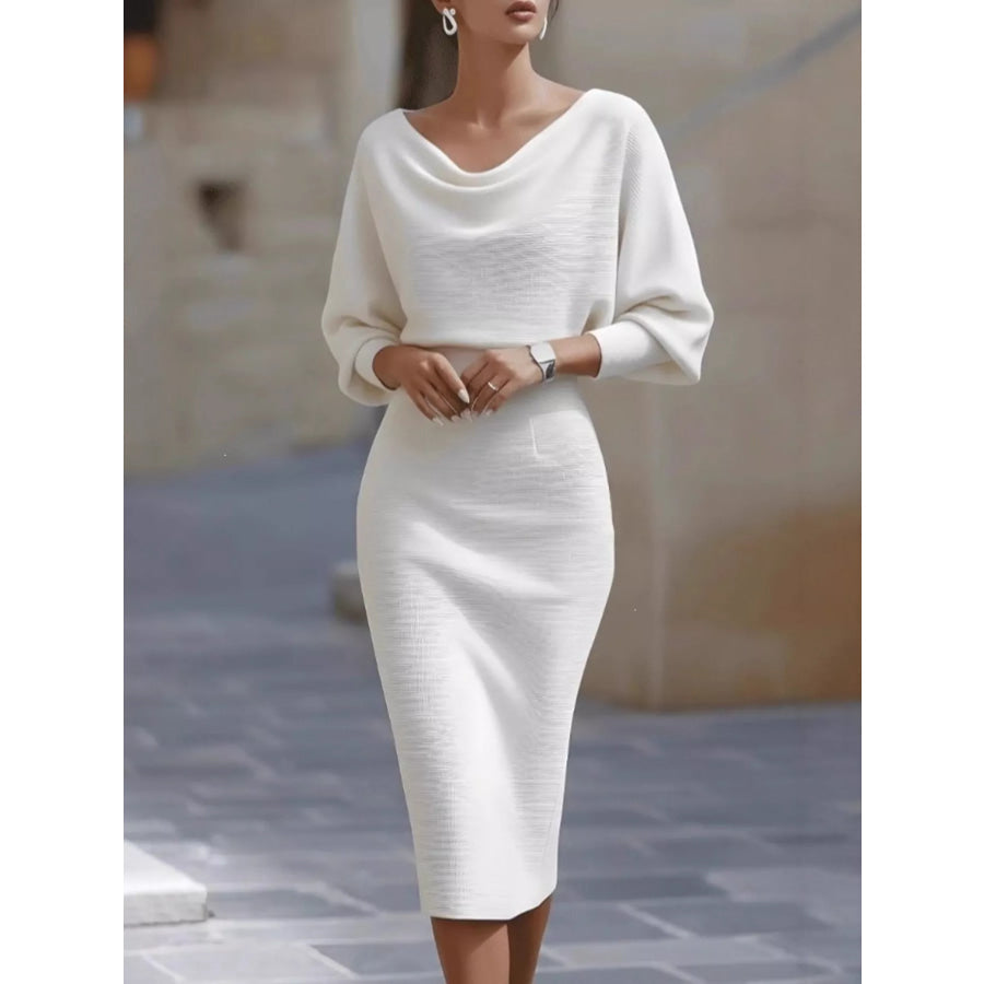 Full Size Elegant Cowl Neck Slim-Fit Knit Dress Plus White / S Apparel and Accessories