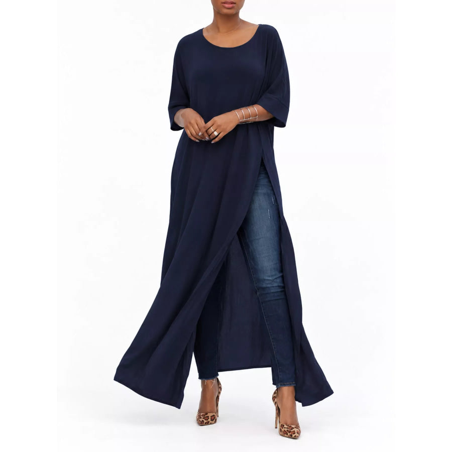 Full Size Elegant High-Slit Maxi Tunic Dress Plus Navy / S Apparel and Accessories