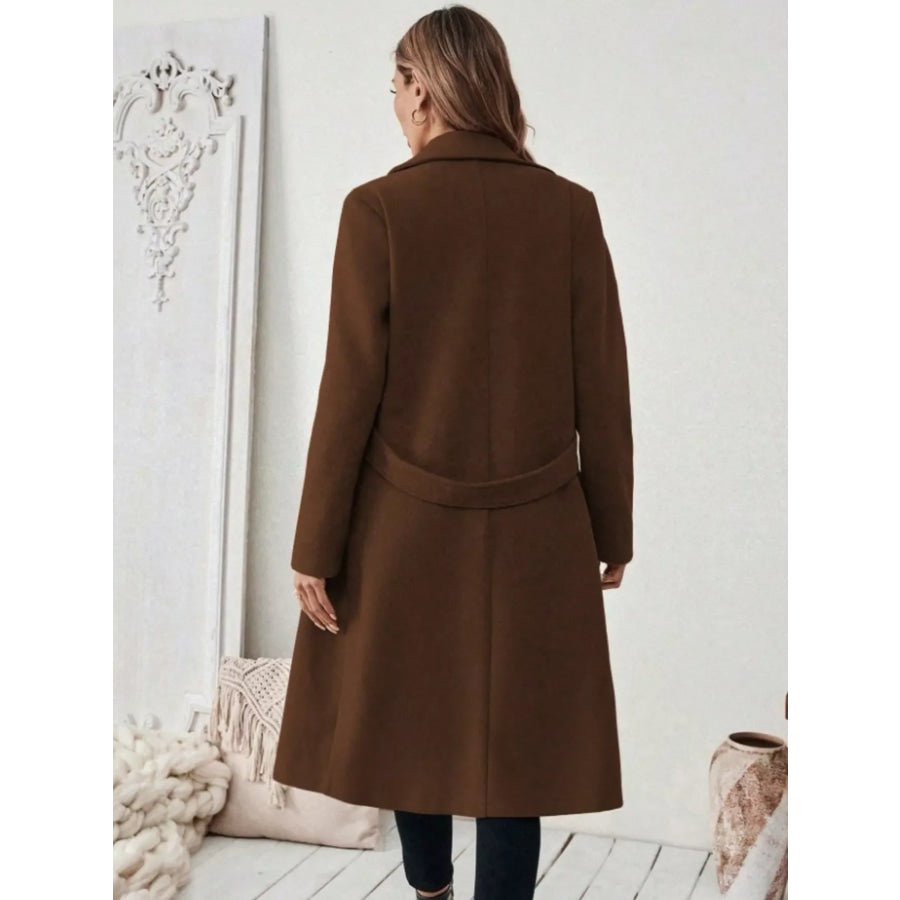 Full Size Elegant Lapel Collar Belted Coat with Pockets Plus Size Apparel and Accessories