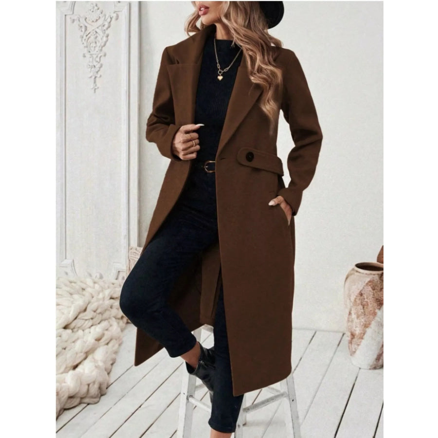 Full Size Elegant Lapel Collar Belted Coat with Pockets Plus Size Apparel and Accessories