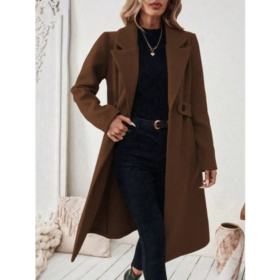 Full Size Elegant Lapel Collar Belted Coat with Pockets Plus Size Apparel and Accessories