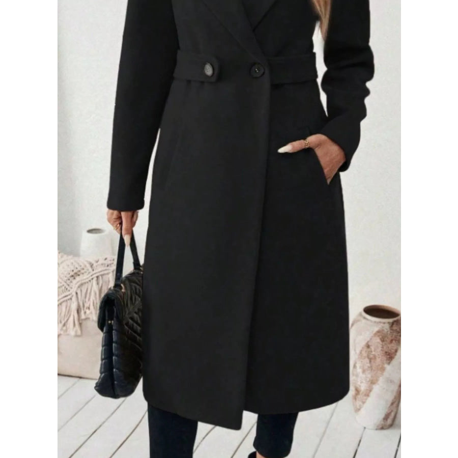 Full Size Elegant Lapel Collar Belted Coat with Pockets Plus Size Apparel and Accessories