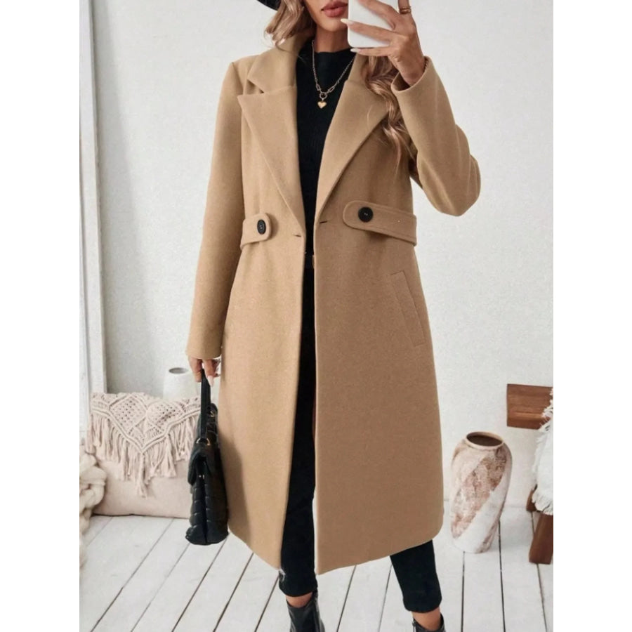 Full Size Elegant Lapel Collar Belted Coat with Pockets Plus Size Apparel and Accessories