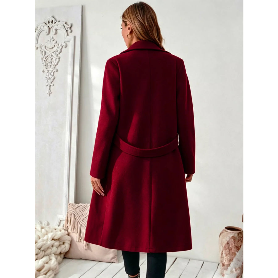Full Size Elegant Lapel Collar Belted Coat with Pockets Plus Size Apparel and Accessories