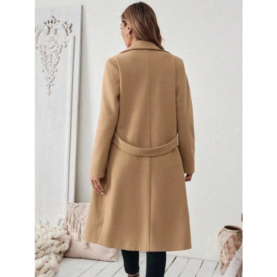 Full Size Elegant Lapel Collar Belted Coat with Pockets Plus Size Apparel and Accessories