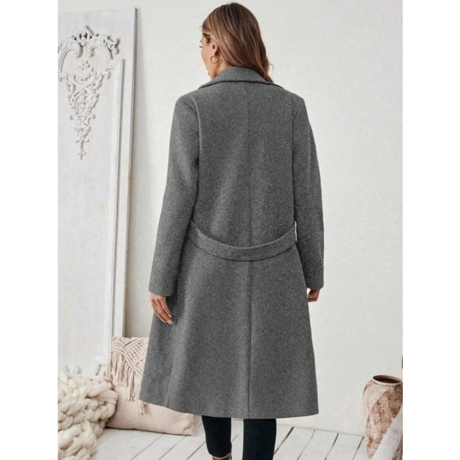 Full Size Elegant Lapel Collar Belted Coat with Pockets Plus Size Apparel and Accessories