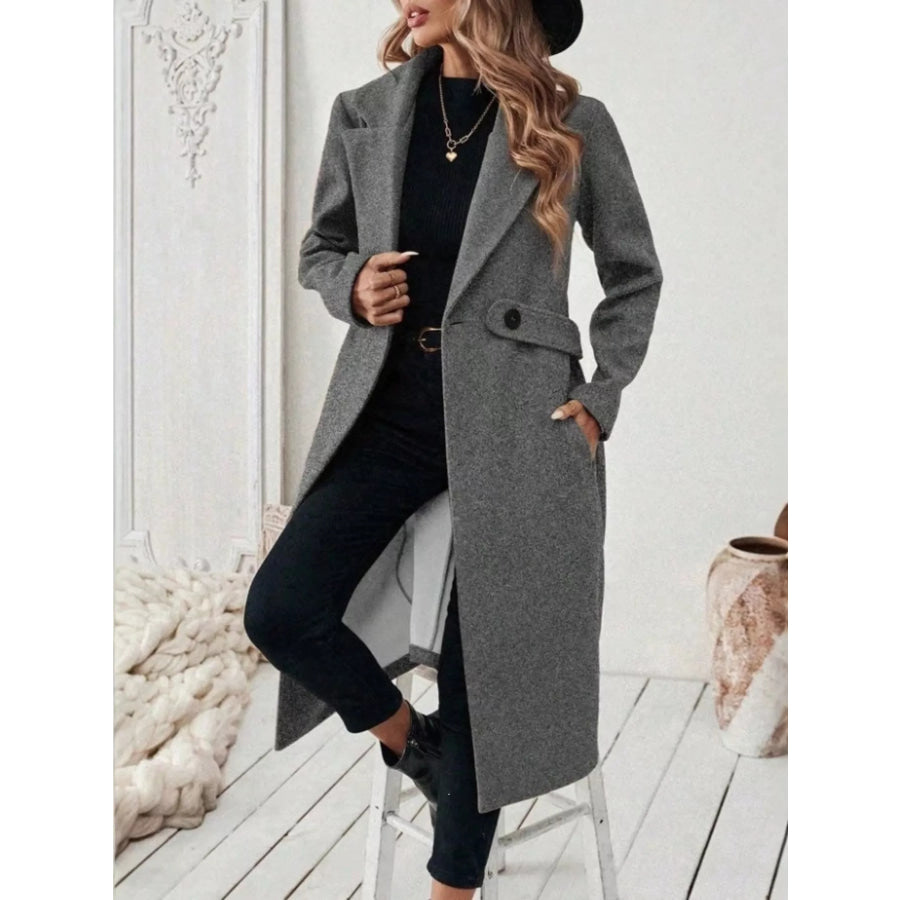 Full Size Elegant Lapel Collar Belted Coat with Pockets Plus Size Apparel and Accessories