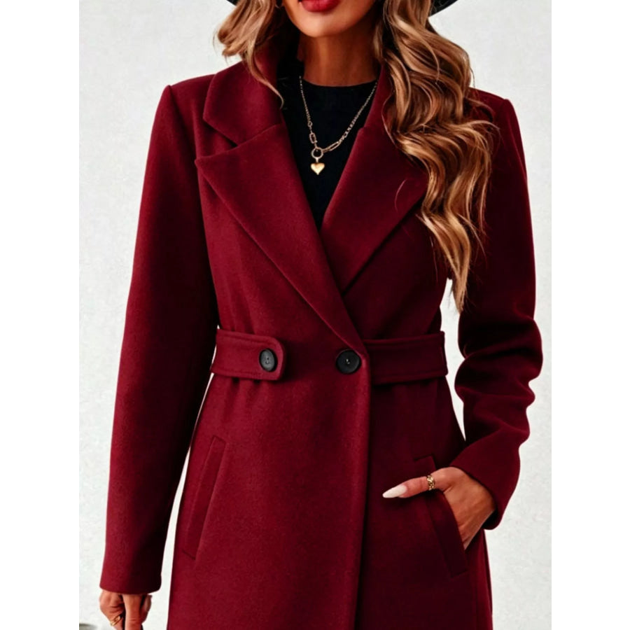 Full Size Elegant Lapel Collar Belted Coat with Pockets Plus Size Apparel and Accessories