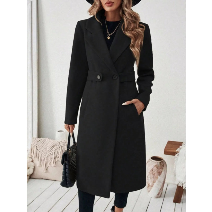 Full Size Elegant Lapel Collar Belted Coat with Pockets Plus Size Black / S Apparel and Accessories