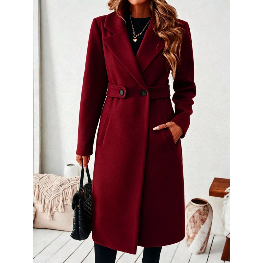 Full Size Elegant Lapel Collar Belted Coat with Pockets Plus Size Burgundy / S Apparel and Accessories