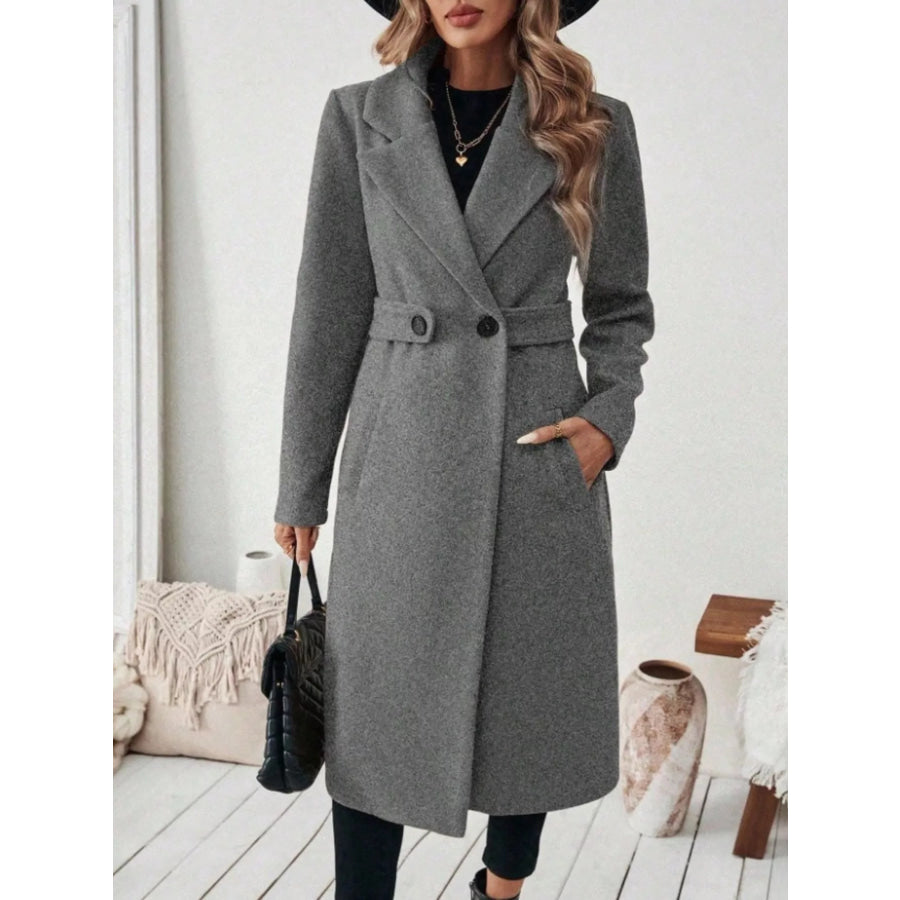 Full Size Elegant Lapel Collar Belted Coat with Pockets Plus Size Gray / S Apparel and Accessories