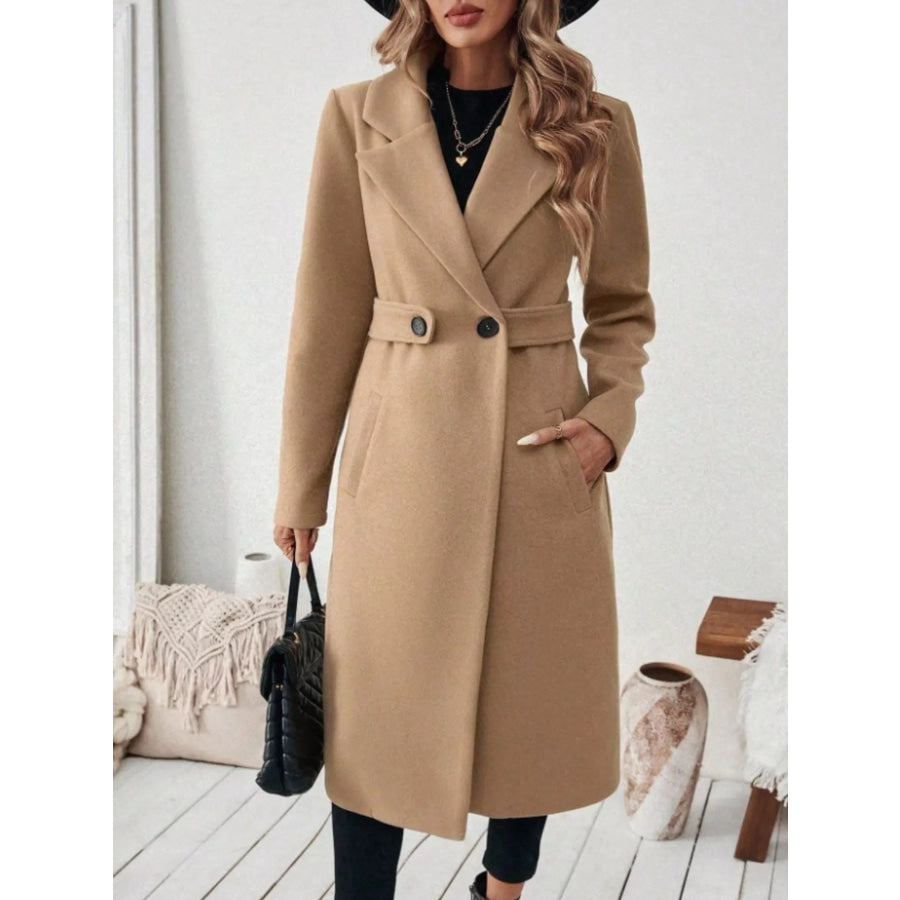 Full Size Elegant Lapel Collar Belted Coat with Pockets Plus Size Khaki / S Apparel and Accessories