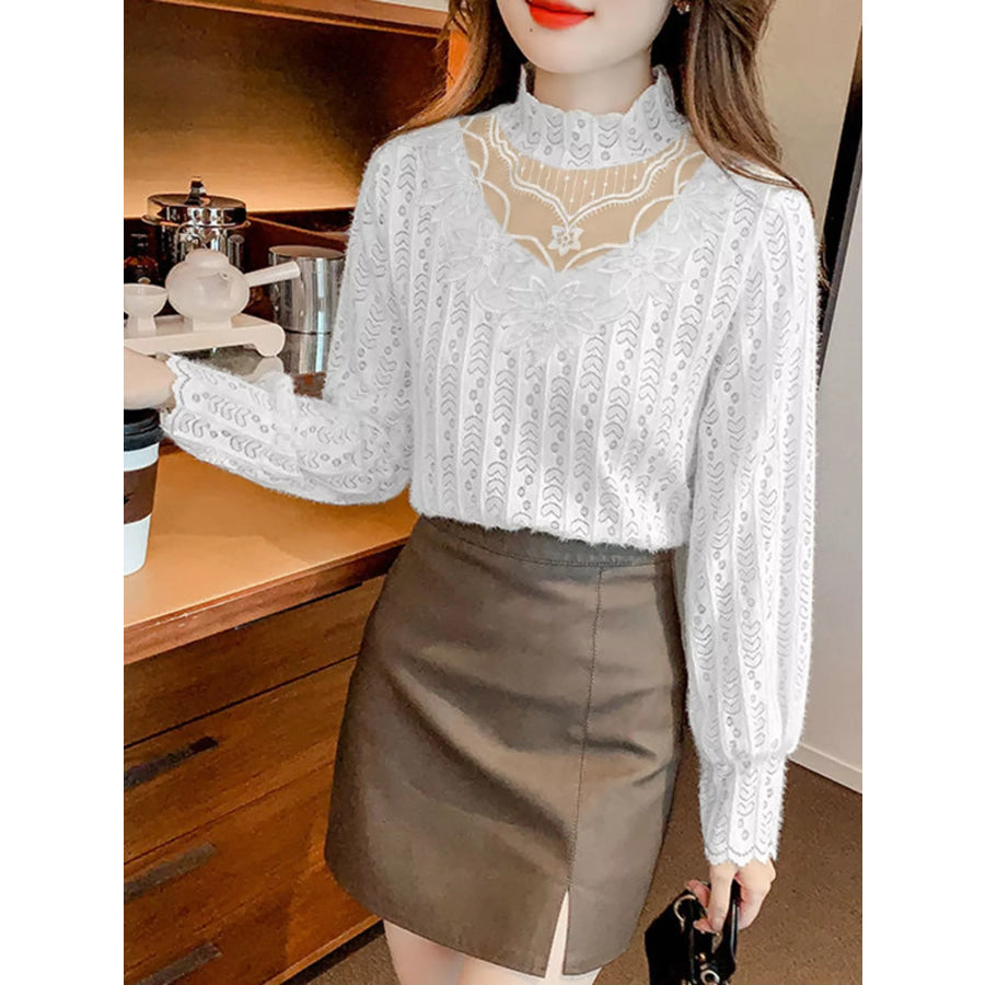 Full Size Elegant Mock Neck Lace Blouse with Sheer Floral Detailing Plus Apparel and Accessories
