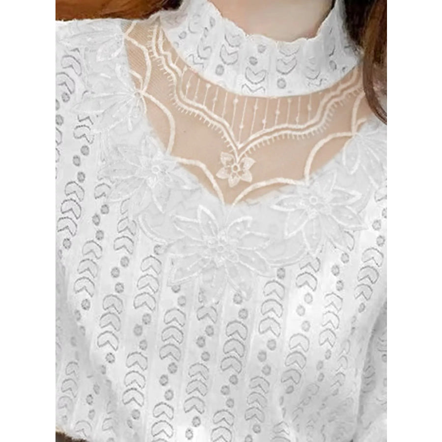 Full Size Elegant Mock Neck Lace Blouse with Sheer Floral Detailing Plus Apparel and Accessories