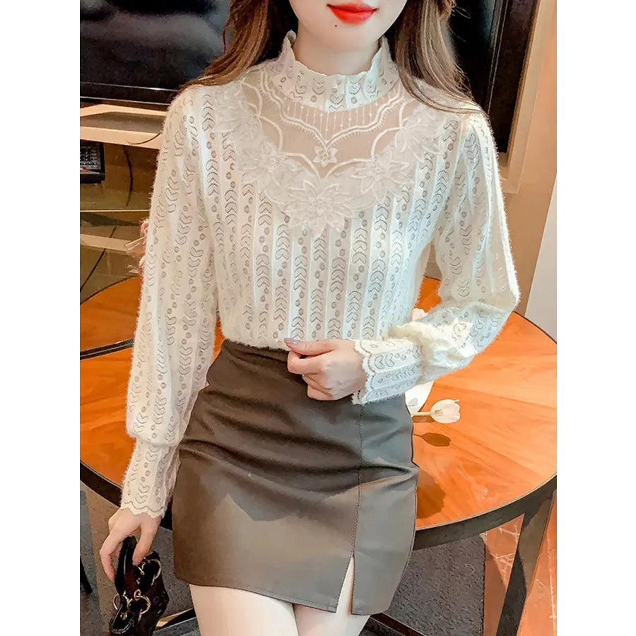 Full Size Elegant Mock Neck Lace Blouse with Sheer Floral Detailing Plus Apparel and Accessories