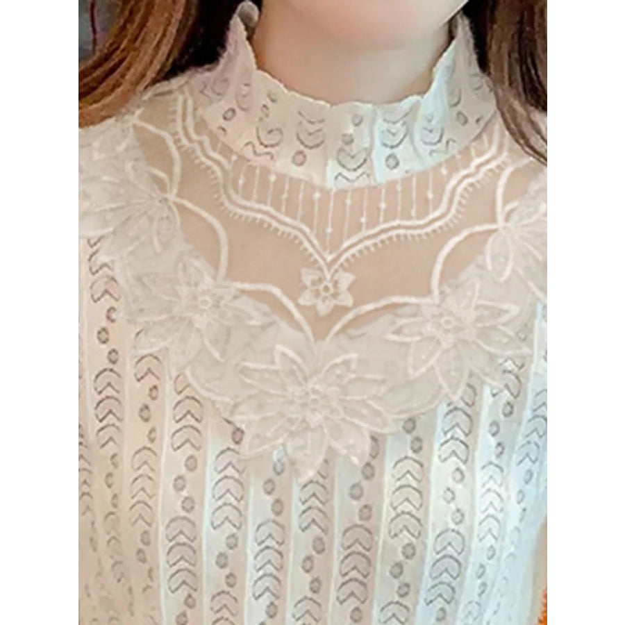 Full Size Elegant Mock Neck Lace Blouse with Sheer Floral Detailing Plus Apparel and Accessories