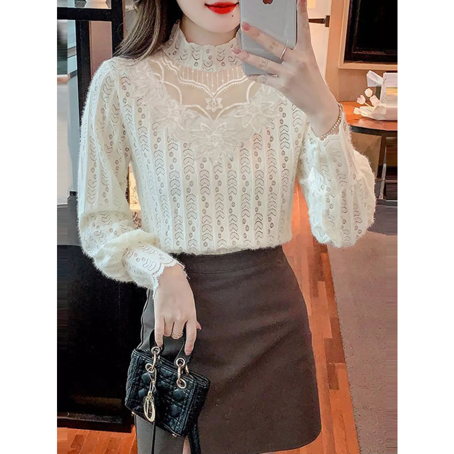Full Size Elegant Mock Neck Lace Blouse with Sheer Floral Detailing Plus Apparel and Accessories