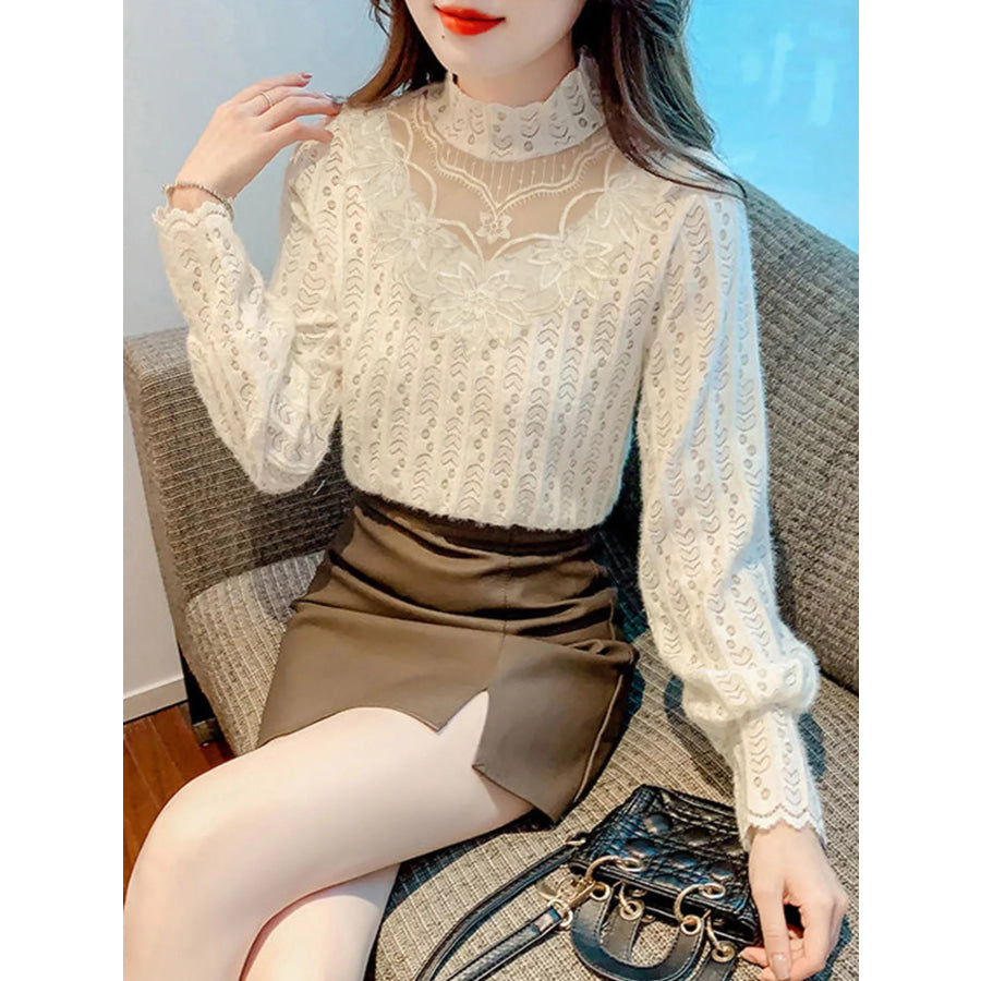 Full Size Elegant Mock Neck Lace Blouse with Sheer Floral Detailing Plus Apricot-Double Layer Lined Opaque / S Apparel and Accessories