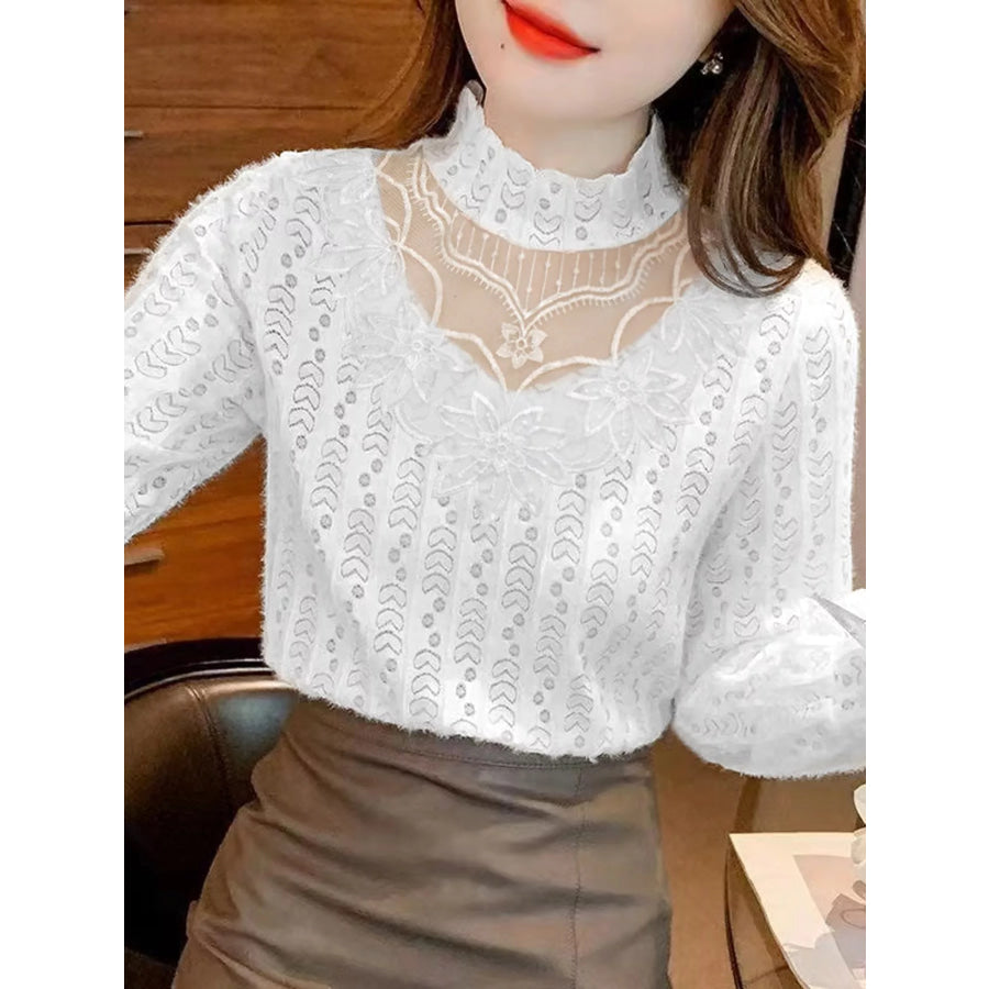 Full Size Elegant Mock Neck Lace Blouse with Sheer Floral Detailing Plus White-Double Layer Lined Opaque / S Apparel and Accessories