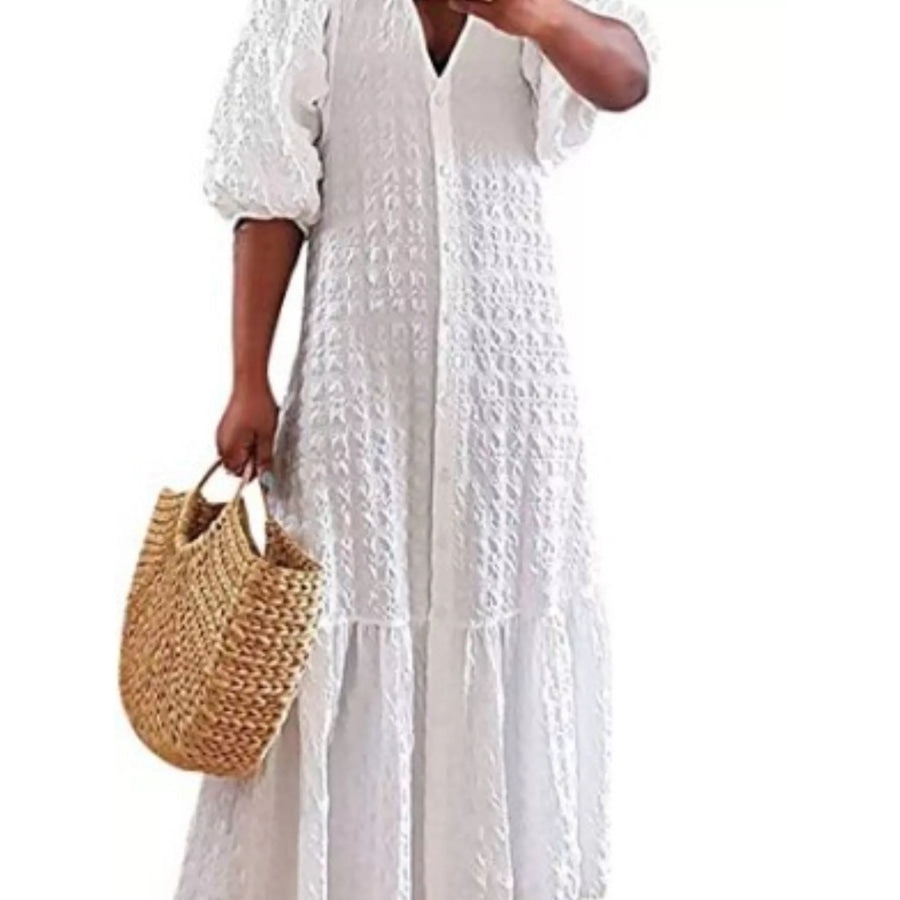 Full Size Elegant Puff Sleeve Textured Maxi Dress Plus Size White / S Apparel and Accessories