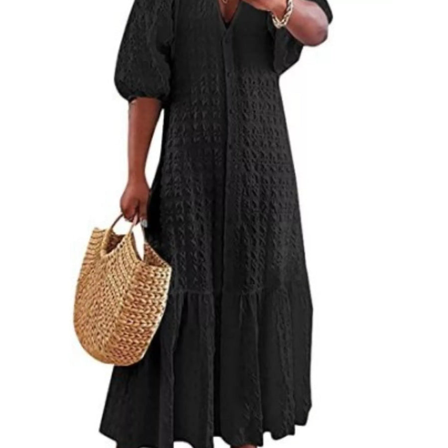 Full Size Elegant Puff Sleeve Textured Maxi Dress Plus Size Apparel and Accessories