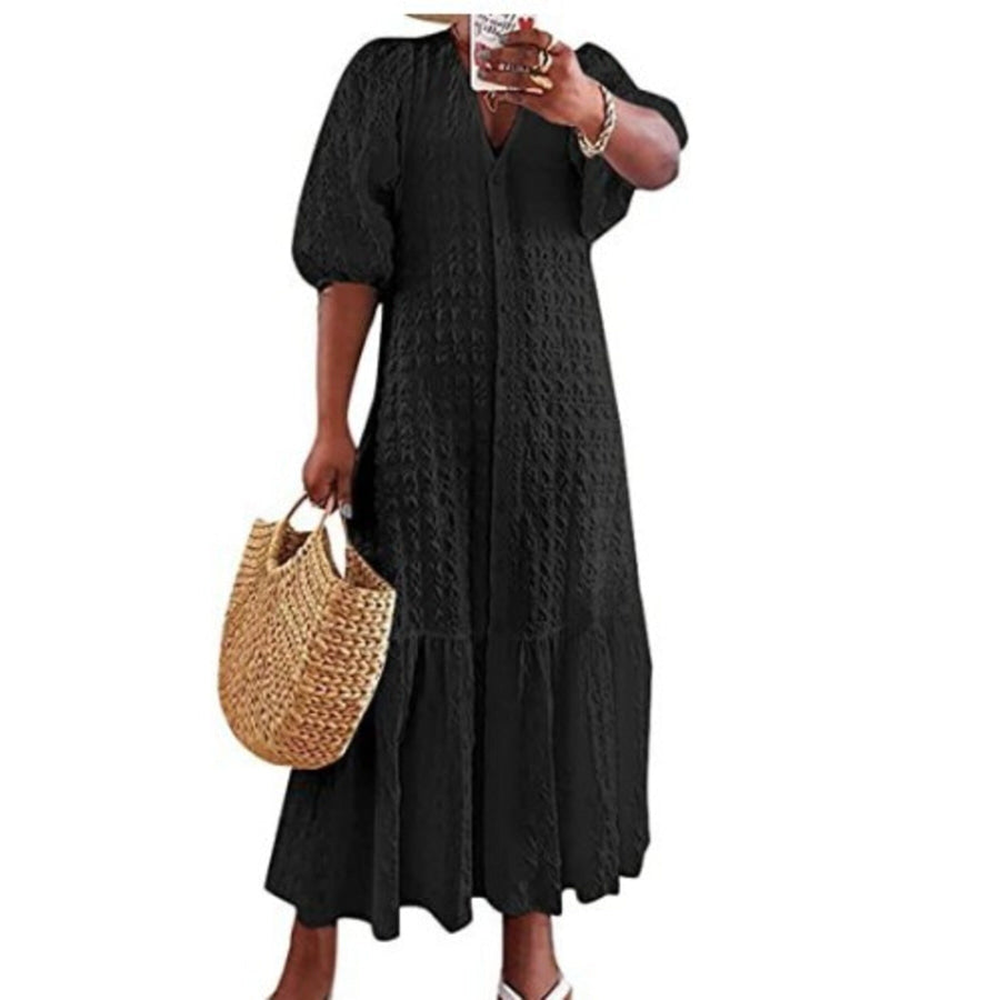 Full Size Elegant Puff Sleeve Textured Maxi Dress Plus Size Black / S Apparel and Accessories