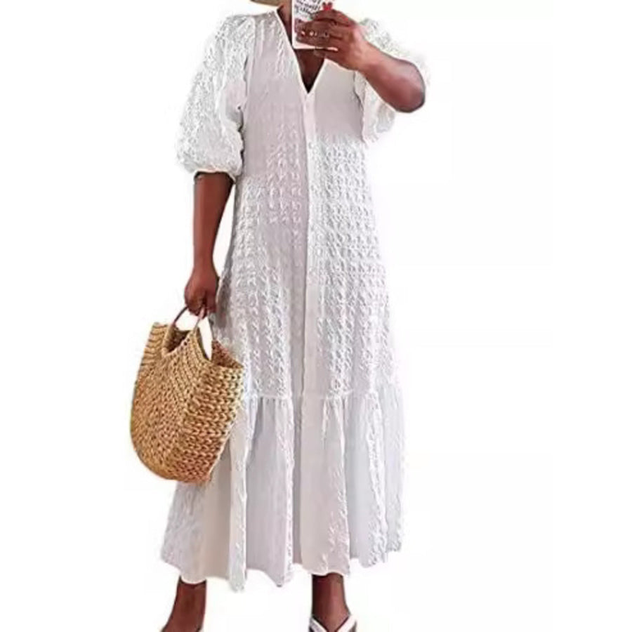 Full Size Elegant Puff Sleeve Textured Maxi Dress Plus Size White / S Apparel and Accessories