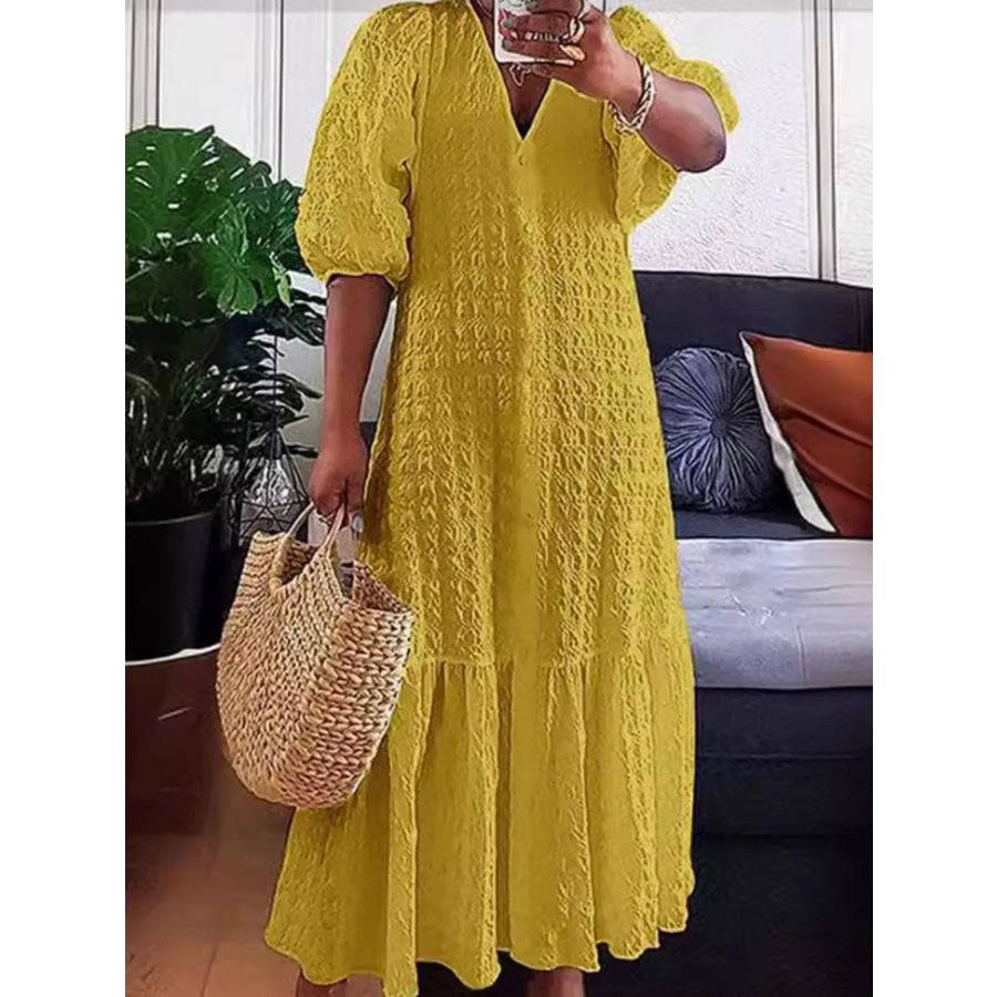 Full Size Elegant Puff Sleeve Textured Maxi Dress Plus Size Yellow / S Apparel and Accessories
