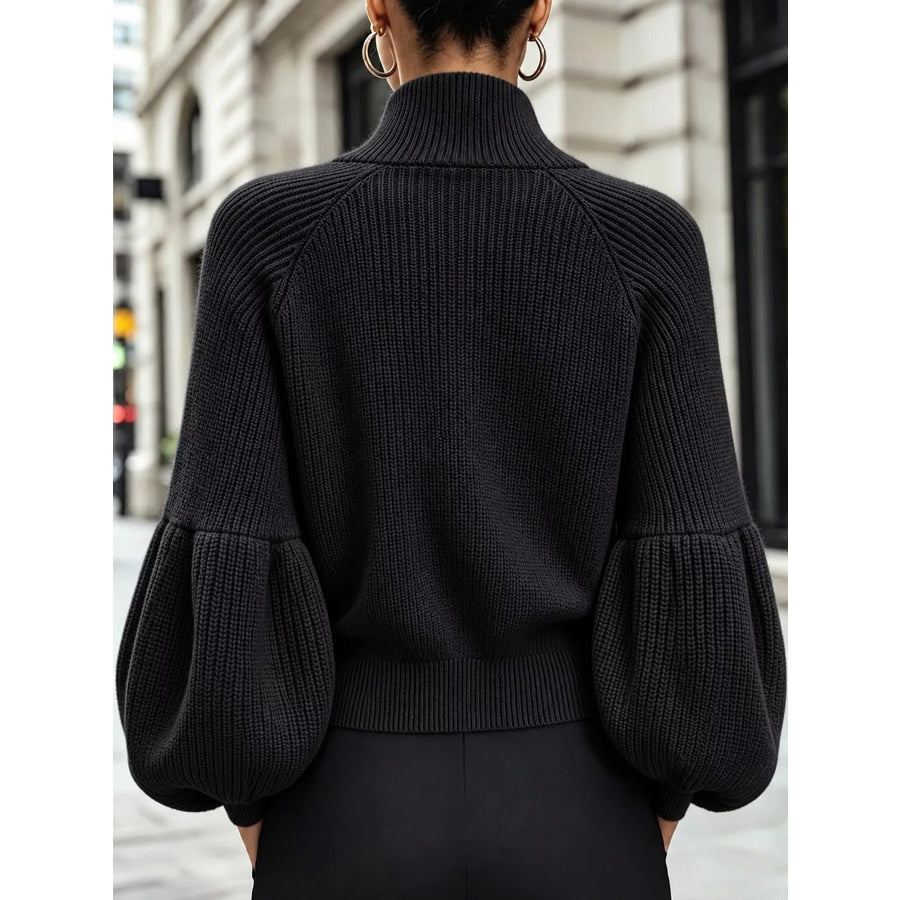 Full Size Elegant Ribbed Knit Zip-Up Cardigan with Lantern Sleeves Plus Apparel and Accessories