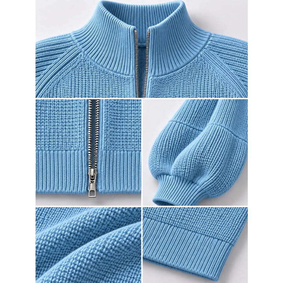 Full Size Elegant Ribbed Knit Zip-Up Cardigan with Lantern Sleeves Plus Apparel and Accessories