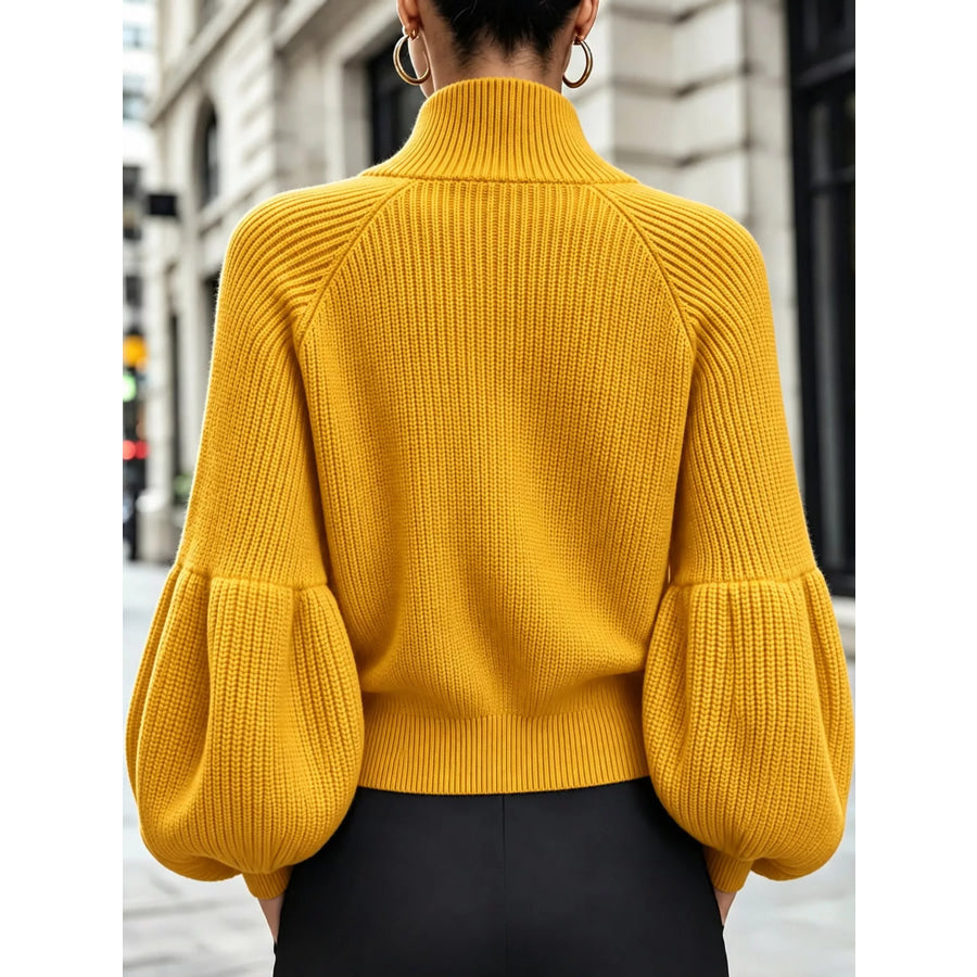 Full Size Elegant Ribbed Knit Zip-Up Cardigan with Lantern Sleeves Plus Apparel and Accessories