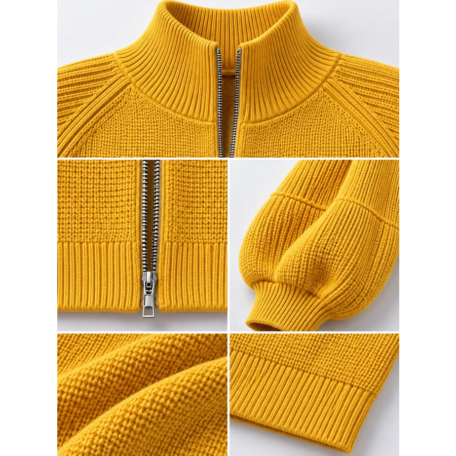 Full Size Elegant Ribbed Knit Zip-Up Cardigan with Lantern Sleeves Plus Apparel and Accessories