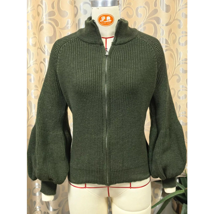 Full Size Elegant Ribbed Knit Zip-Up Cardigan with Lantern Sleeves Plus Apparel and Accessories