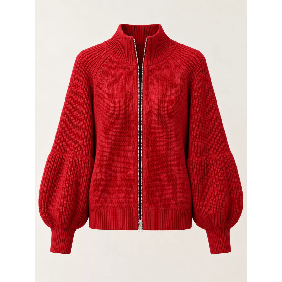 Full Size Elegant Ribbed Knit Zip-Up Cardigan with Lantern Sleeves Plus Apparel and Accessories