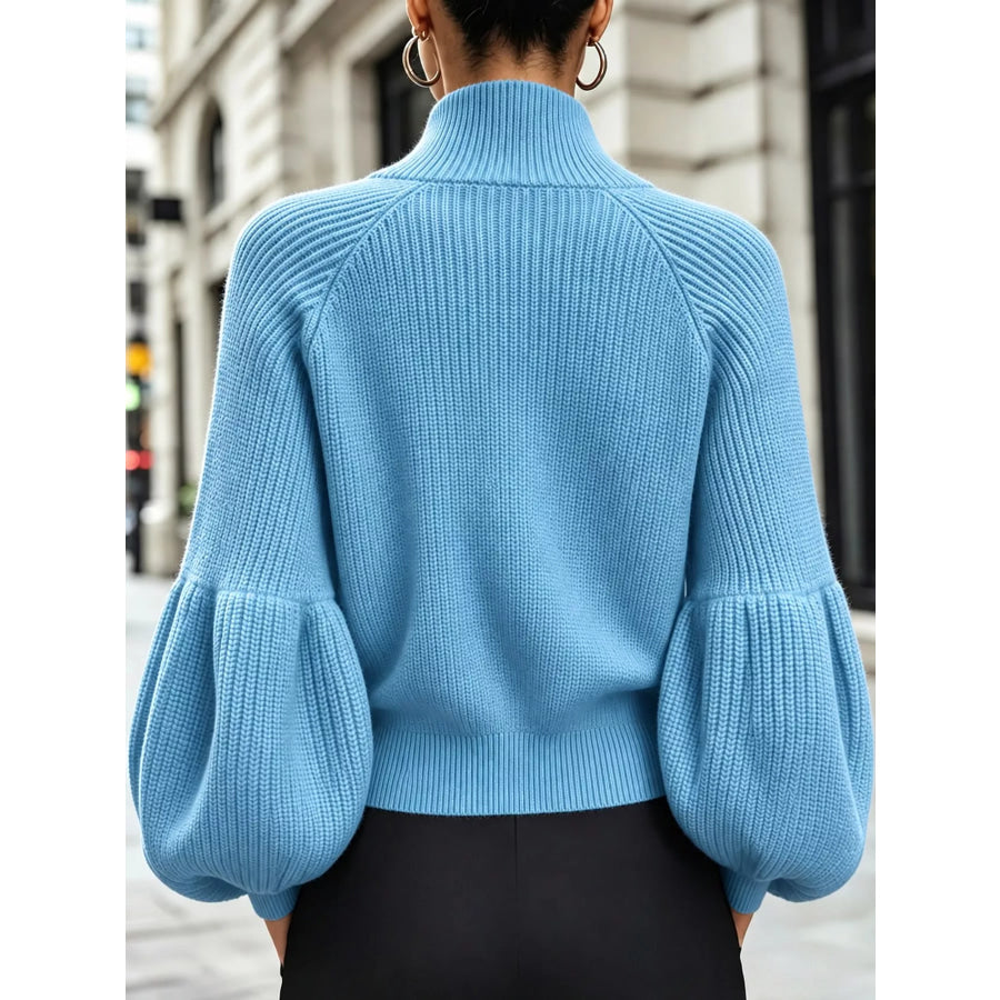 Full Size Elegant Ribbed Knit Zip-Up Cardigan with Lantern Sleeves Plus Apparel and Accessories