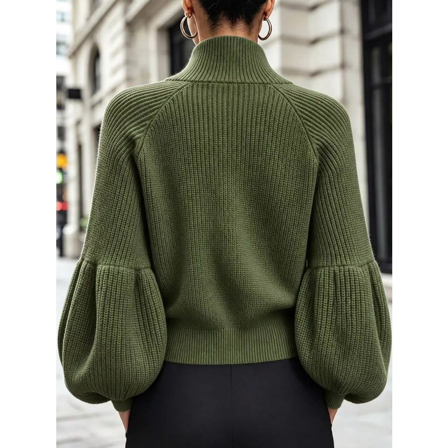 Full Size Elegant Ribbed Knit Zip-Up Cardigan with Lantern Sleeves Plus Apparel and Accessories